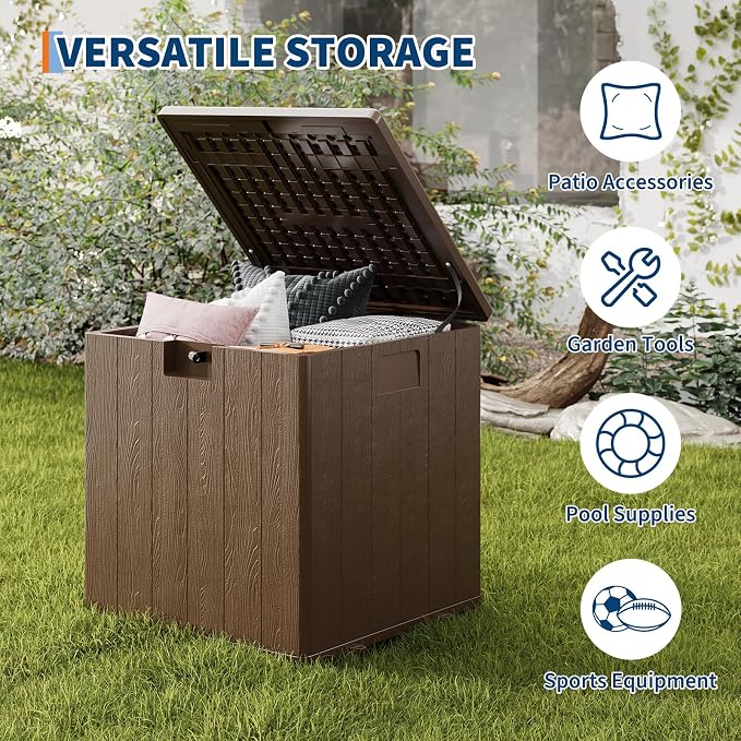 28 Gallon Outdoor Storage Box, Blow Molded Deck Box with Imitation Rattan Pattern, Heavy Duty Waterproof Resin Deck Box No Assembly Required, Lockable Patio Storage Box for Cushions Garden Tools Pool