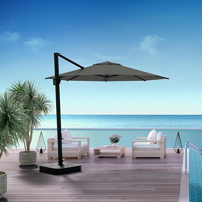 Midtown Umbrellas 10 Ft Outdoor Cantilever Patio Umbrella w/Terylast Charcoal Grey Fabric - Tilt 360° Offset Patio Umbrella, Deck Patio Umbrella, Backyard Umbrella & Garden Umbrella - Black Frame