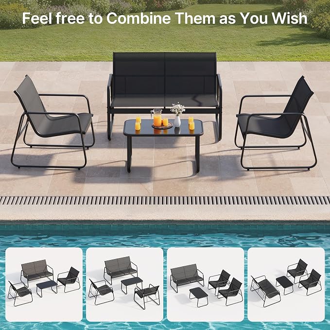 Gizoon 4 Piece Patio Furniture Set, Outdoor Patio Furniture with Loveseat and 2 Single Chairs, Bistro Table and Chairs Set for Backyard, Balcony, Lawn,Black