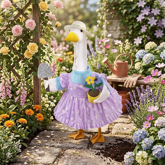 Erythem Gardener Porch Goose Outfits, Cute Spring Porch Goose Clothes with Straw Hat, Shovel & Flower Pot Fits 23" Cement Plastic Geese Statue for Outdoor Garden Yard Decor