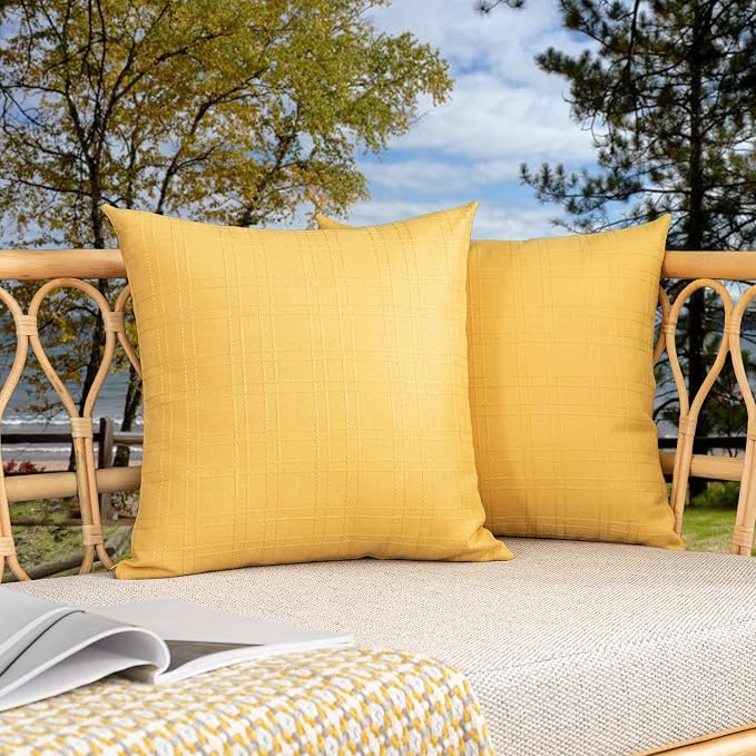 Kevin Textile Outdoor Waterproof 22”x22” Pillow Covers 2 Pack, Yellow | Water Resistant, Soft Faux Linen-cotton Yarn-dyed Woven Texture Throw Pillow Covers for Tent Patio Garden Couch Sofa