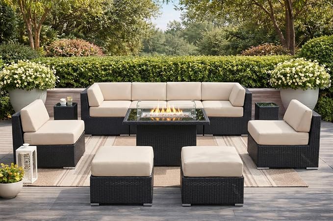 Fully Assembled 11 Piece Outdoor Aluminum Wicker Patio Furniture with Beige All Weather 6-inch Rainshield Cushions, Oversized Seats and 42-inch Fire Table