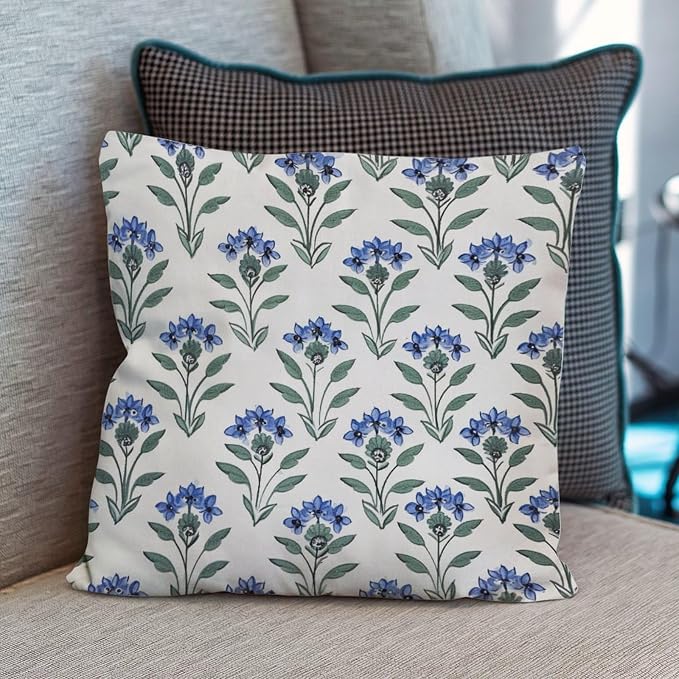 Mughal Flower Cushion Cases Blue Lotus Floral Throw Pillow Cover Rustic Outdoor Waterproof Decorative Pillow Cover for Patio Couch Bench 18x18 in