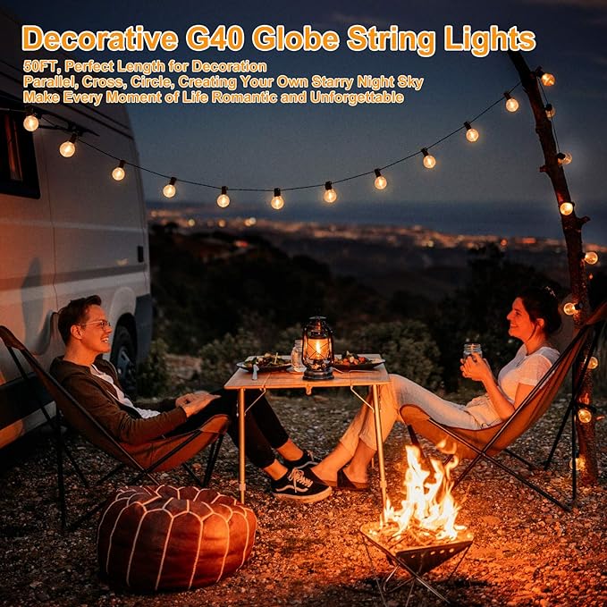 100ft 2-Pack Outdoor String Lights, G40 LED Globe Waterproof Patio Lights | 52 Shatterproof Edison Bulbs, Dimmable, Plug-In, Connectable, Commercial Hanging Lights for Porch Backyard Party Decor