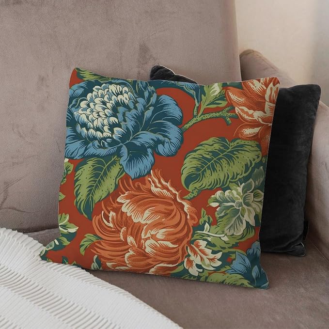 Blue Floral Chinoiserie on Orange Throw Pillow Covers Peony Chic Asian Pillows 20x20 INRustic Accent Farmhouse Decor Pillow for Sofa Bed Chair Car