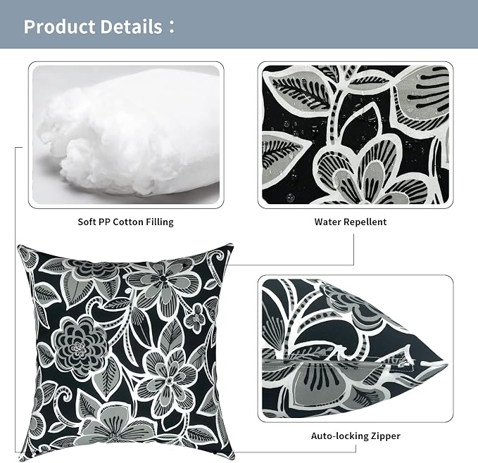 Outdoor Pillows for Patio Furniture 16x16 inch, Square Outdoor Throw Pillows with Inserts, Decorative Patio Pillows for Garden Couch Home Sofa Office Chair, Pack of 2,Flower Black