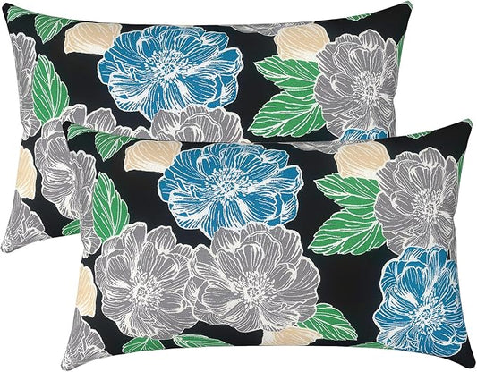 LVTXIII Outdoor/Indoor Lumbar Pillow Covers ONLY, Decorative Patio Lumbar Cushion Covers, Fluffy Water Repellent Garden Cushion Cases for Home Patio Coach Sofa Use, 12x20 Inch, Pack of 2, Peony Garden