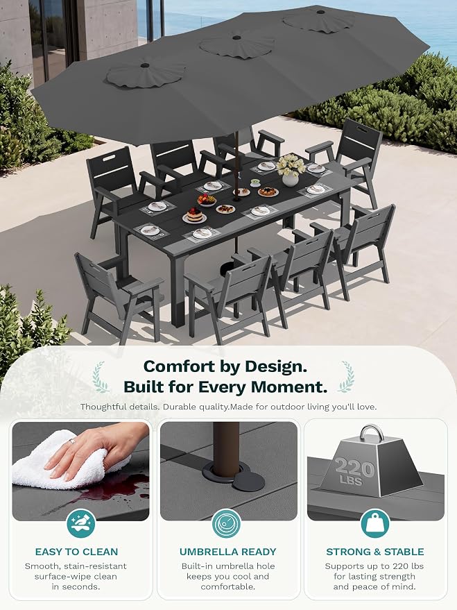 SERWALL 9-Piece HDPE Outdoor Patio Dining Set, All-Weather Rectangular Table with Umbrella Hole & 8 Arm Chairs, Weather Resistant Heavy Duty Outdoor Furniture for Backyard, Deck, Garden, Gray