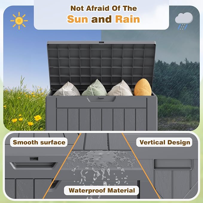 Flamaker Resin Deck Box 40 Gallon Waterproof Outdoor Indoor Storage Box Imitation Wood Resin for Patio Furniture Garden Tools and Pool (Gray)