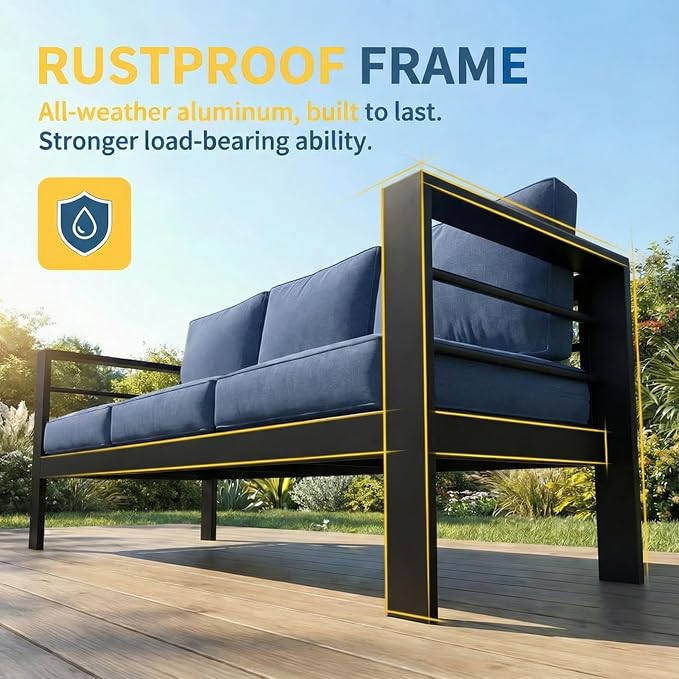 Solaste Aluminum Patio Furniture Set for All Weather, Oversized Metal Outdoor Furniture Set with 27.5" Deep Seating and 3.2" Wide Armrest, Outdoor Patio Sofa with 10" Back Suport Cushion