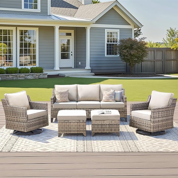 Outdoor Patio Furniture Set-5 Pieces All-Weather Wicker Outdoor Furniture with Swivel Patio Chairs Outdoor Patio Conversation Set for Garden Porch Deck Grey/Beige