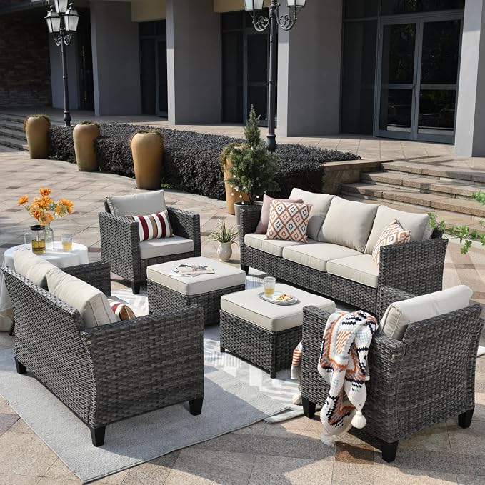 ovios 6 Pieces Patio Furniture Set, Outdoor Wicker Rattan Sofa Couch with Loveseat, Chairs, Comfy Cushions, Conversation Sets for Porch Deck Garden, Beige