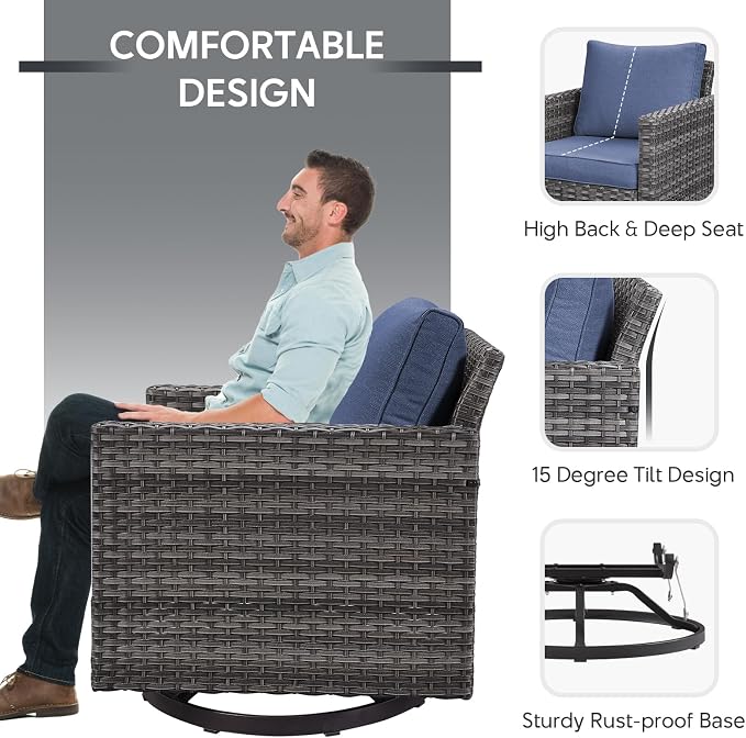 6 Piece Wicker Patio Furniture Set - Outdoor Swivel Rocker Chairs Set with Side Table, 3 Seat Sofa and Ottomans, Small Patio Conversation Sets Proch Furniture for Balcony Deck - Grey/Blue