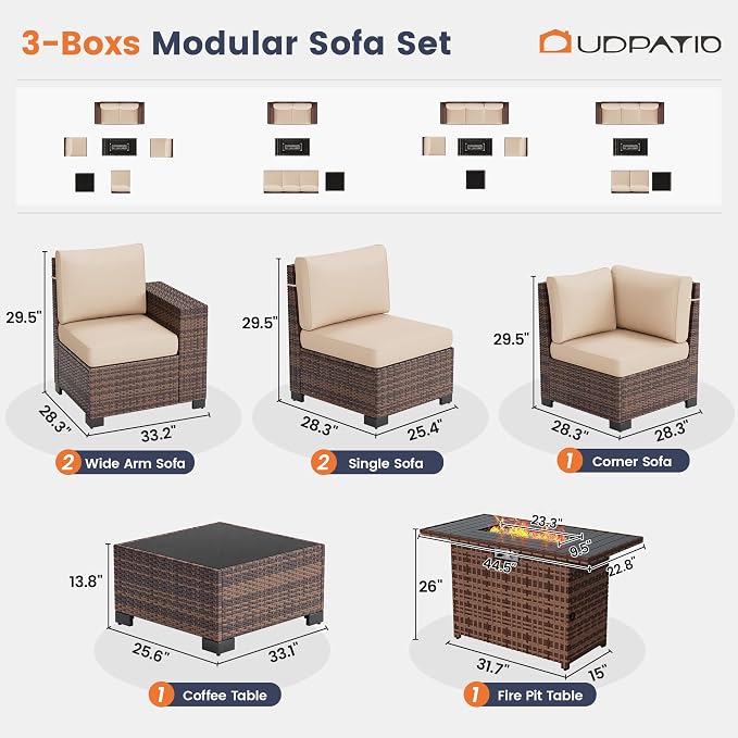UDPATIO Patio Furniture Set with 44" Fire Pit, 8 Inch Armrest, Brown/Khaki
