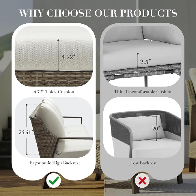 4 Piece Outdoor Patio Furniture Set, All-Weather Wicker Conversation Set with 4.72" Thick Olefin Cushions - 3-Seat Sofa, 2 Armchairs and Coffee Table for Backyard Deck Porch, Balcony, Beige