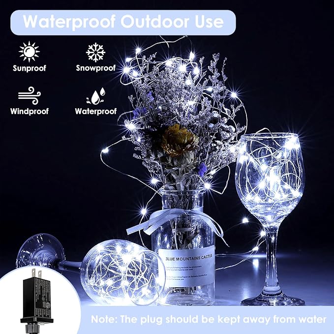 33FT 100 LED Fairy Lights Plug in, 8 Modes Twinkle Lights Cool White | Waterproof String Lights Outdoor Indoor, Memory, Timer, Copper Wire, Christmas Lights for Bedroom Garden Party Holiday Decor