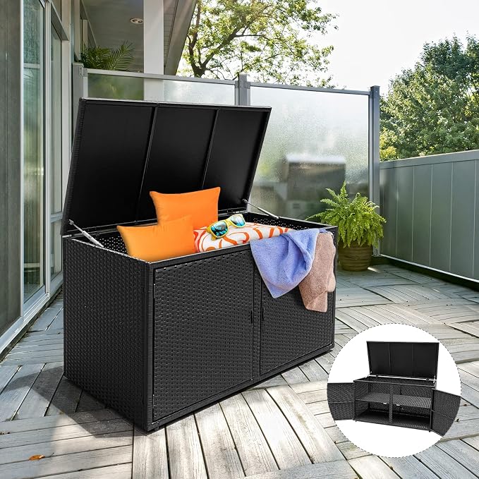 Tangkula Outdoor Wicker Storage Box, Garden Deck Bin with Steel Frame, Rattan Storage Box with Lid, Ideal for Storing Tools, Accessories, 88 Gallon Capacity (Black)