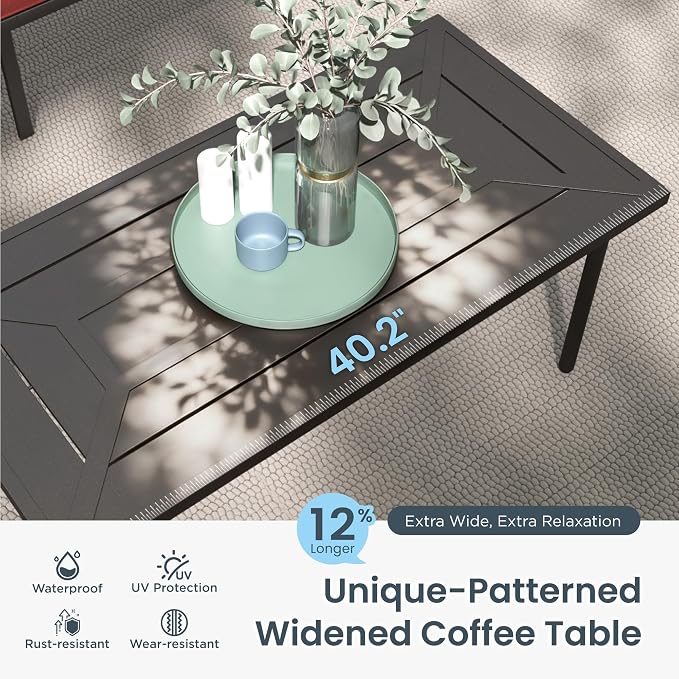 PHI VILLA Patio Furniture Set, a Loveseat, 3-Seater Sofa, 2 Fixed Chairs, and a Coffee Table, Outdoor Metal Conversation Set with 5.75" Extra Thick Cushion for Garden Backyard Deck, Red