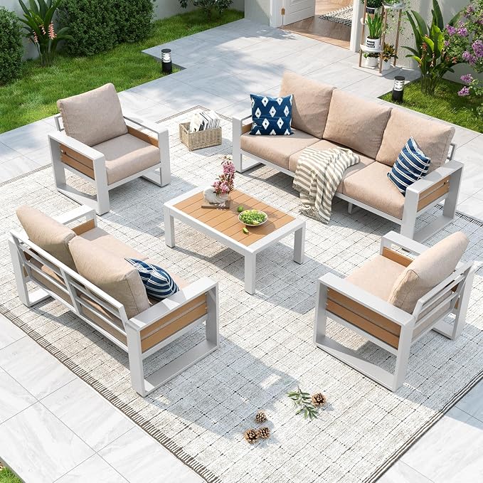 Aoxun Aluminum Patio Furniture Set, 5 Piece Luxury Outdoor Sectional with 6" Olefin Fabric Cushions, Patio Conversation Sets with Coffee Table and Waterproof Cover for Backyard, Porch Beige