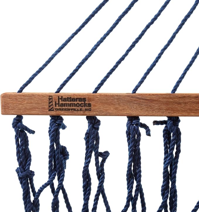 Hatteras Hammocks Executive Navy DuraCord Rope Hammock – 13 ft. x 65 in., 2-Person, 450 lb Capacity, Cumaru Spreader Bar, Zinc-Plated Hardware – Handcrafted in The USA