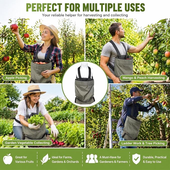 FCOUIID Harvest Apple Picking Bag - Waterproof 600D Fruit Storage Apron Pouch for Outdoor Orchard, Farm, Garden, Heavy Duty