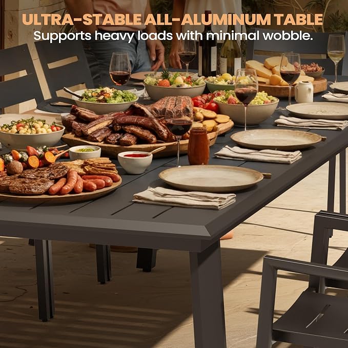 Pellebant 11 Pieces Aluminum Patio Table and Chairs Set - 94" Rectangular Table and Foldable Chair Outdoor Dining Set with Umbrella Hole, Weather Resistant Sturdy Frame for Deck, Porch & Backyard