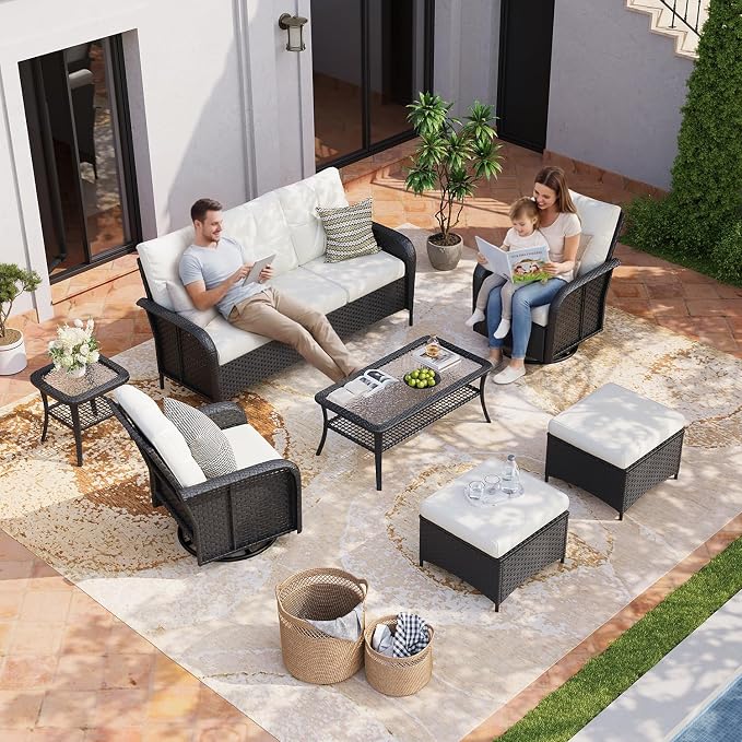 Aoxun Luxury 7-Piece Patio Furniture Set, 360° Swivel Chairs, Wicker Rattan Sofa with Thick Cushion, Outdoor Conversation Set for Backyard, Poolside & Garden, Black/Beige