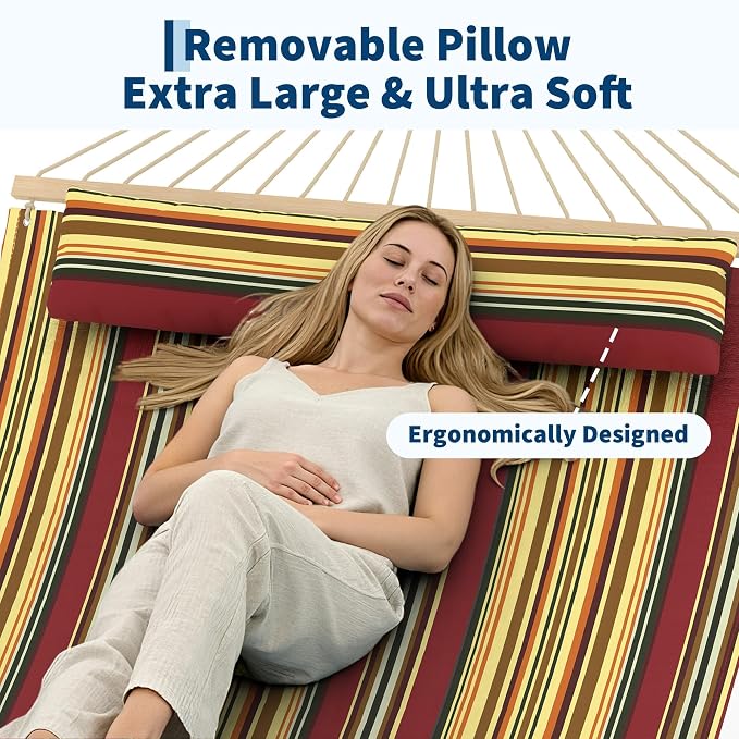 Double Quilted Hammock with Spreader Bar, 12FT, Detachable Pillow, 2-Person | cotton-polyester blend, UV-resistant, quick-dry, 450lbs, for patio/backyard/poolside, Red-Yellow Stripe