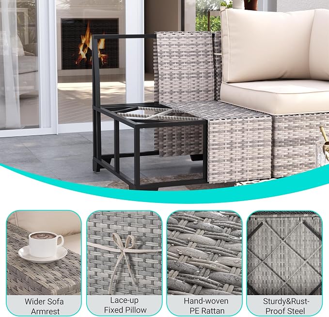 13-Piece Outdoor Patio Furniture Set with Rocking Swivel Chair, PE Wicker Rattan Sectional Sofa Patio Conversation Set with 55,000 BTU Fire Pit Table & Coffee Table, White