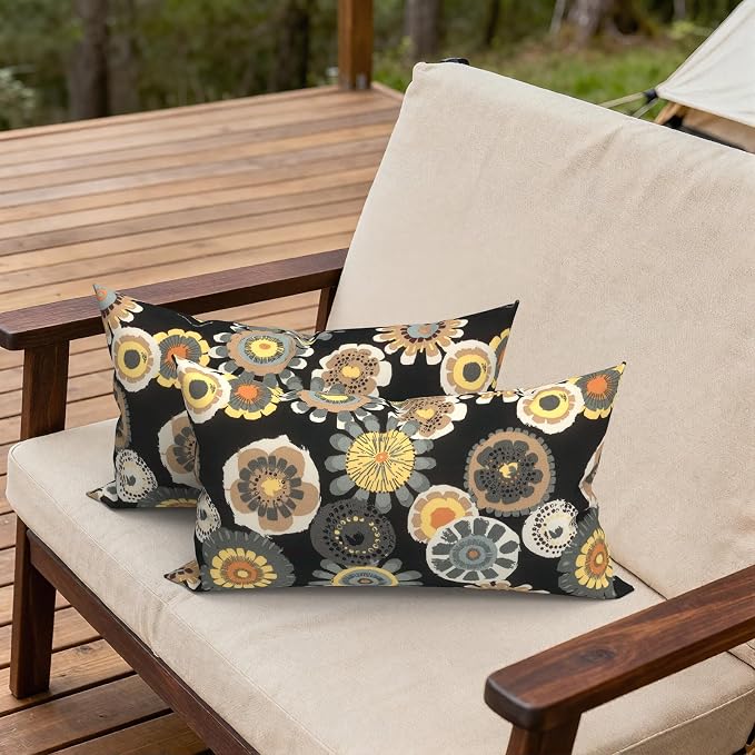 Outdoor Lumbar Pillows, Water Repellent Cushion Pillows 12x20 Inch, Outdoor Pillows with Inserts for Home Garden, Pack of 2, Black Yellow Crosby