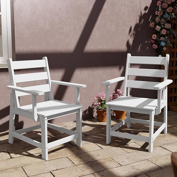 GREENVINES Patio-Chair | Outdoor Dining Chairs Set of 2 | HDPE Plastic | Removable Armrests | All Weather | for Backyard Deck Poolside Garden | White