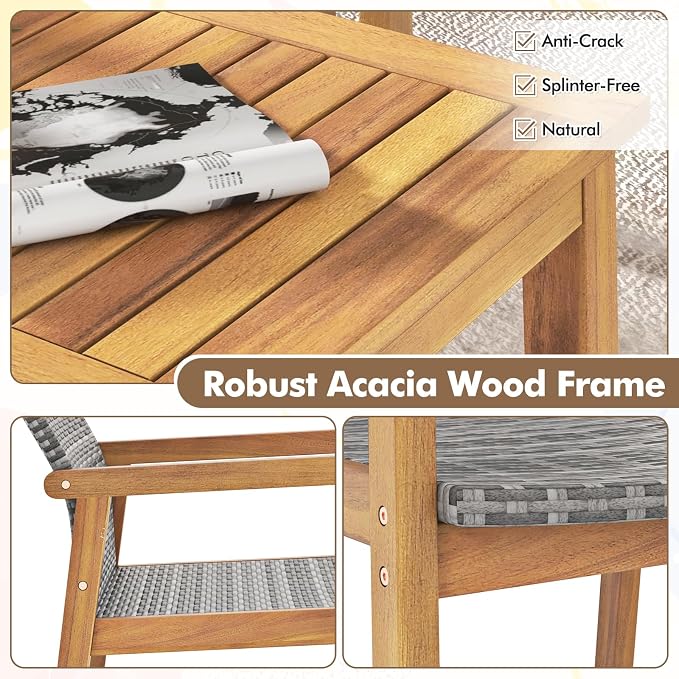 Tangkula 8 Pieces Outdoor Furniture Set, Acacia Wood Frame Sofa Set w/Rattan Seat & Back, Patio Conversation Set w/Coffee Table for Balcony, Poolside, Backyard