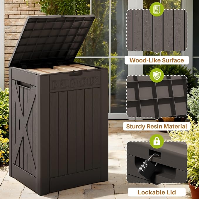 Devoko 48 Gallon Package Delivery Box Outdoor Secure Lockable, Waterproof Deck Box PP Material Storage Container for Porch, Deck (Deep Brown, 48 Gallon)