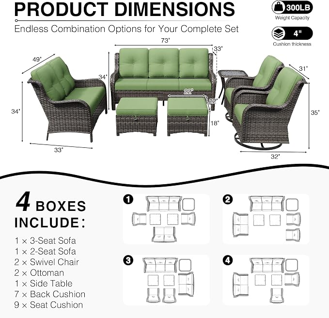 Joyside 7 Piece Wicker Patio Furniture Set, Outdoor Swivel Rocker Patio Chairs with High Back, Deep Seating, Wide Armrest, Thickened Cushions, Outdoor Furniture for Deck, Porch Use