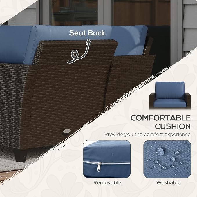 Outsunny 5 Piece Patio Furniture Set with Cushions, Outdoor Conversation Set with Rattan 3-Seater Sofa, Chairs & Footstools for Backyard, Lawn and Pool, Deep Coffee