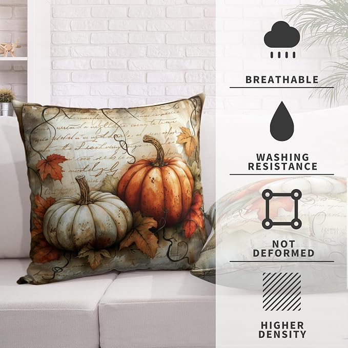 Fall Pillow Covers 22x22 Vintage White Orange Pumpkin with Maple Leaves Decorative Pillow Case Set of 2 Autumn Cotton Linen Cushion Case for Couch Patio Bench