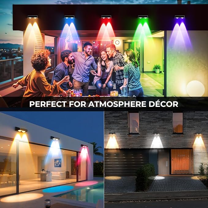 Fence Lights Solar Powered, Led Solar Fence Lights Outdoor IP65 Waterproof, Warm/Cool White and RGB Colors Changing Solar Wall Lights for Garage Backyard Railing Step Patio Pool - 8Pack