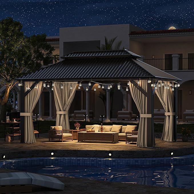 AirWire 10'x14' Gazebo Hardtop Gazebo, Aluminum Frame Pergola with Double Galvanized Steel Roof, Permanent Outdoor Metal Canopy with Curtain & Netting for Patio, Backyard, Deck, Dark Grey