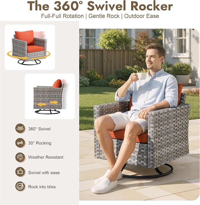 10 Pieces Outdoor Patio Sectional, Wicker Patio Furniture Set with 42 inch Fire Pit Table, All-Weather L Shaped Patio Conversation Set with Swivel Chairs, for Backyard Porch Yard,Orange