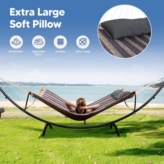 SUNCREAT Hammocks for Outside with Stand, Porch Hammock and Stand, 475 lbs Capacity, Patent Pending, Gray Stripes