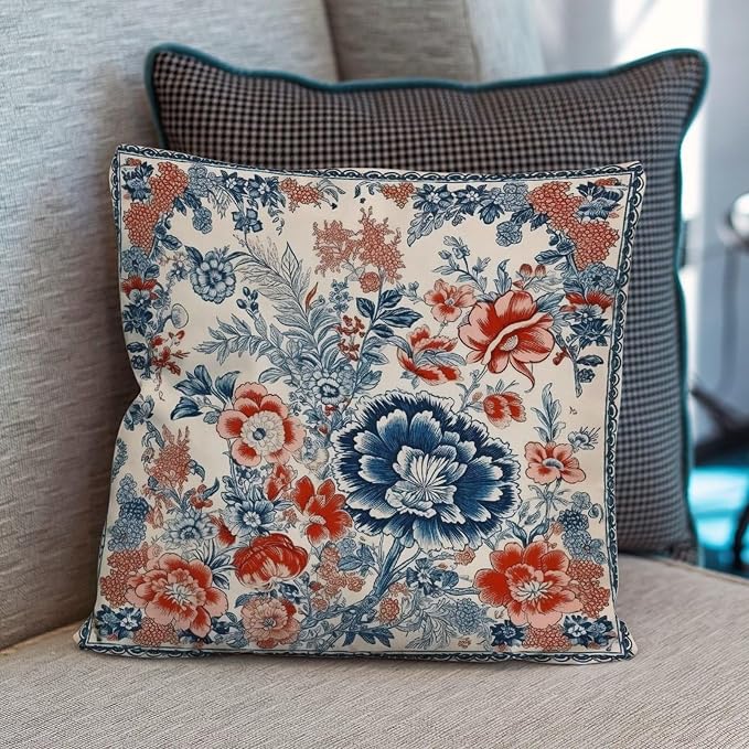 Throw Pillow Covers Chinoiserie Tree Peony Bird Throw Pillow Covers Abstract Floral Coral Turquoise Navy Pillow Cover Accent Outdoor Garden Decoration for Patio Furniture Garden 16x16 in