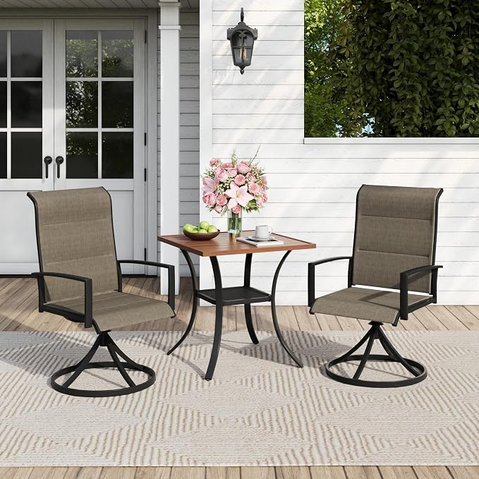 Outdoor Dining Set for 2, 28" Metal Square Outdoor Dining Table and Padded Textilene Patio Swivel Chairs, 3 Pieces Patio Table and Chairs Set for Garden Backyard, Mixed Brown and Walnut