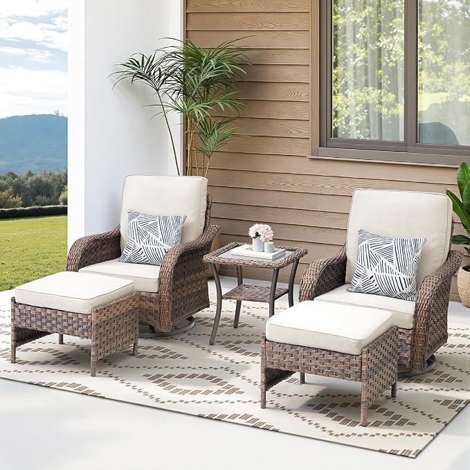 5 PCS Patio Furniture Set, 2 Swivel Rocking Chairs with 2 Ottomans & Side Table, 4-Inch Thick Olefin Cushions, 300 lbs Capacity Wicker Swivel Rocker Chairs for Porch, Balcony, Backyard, Beige