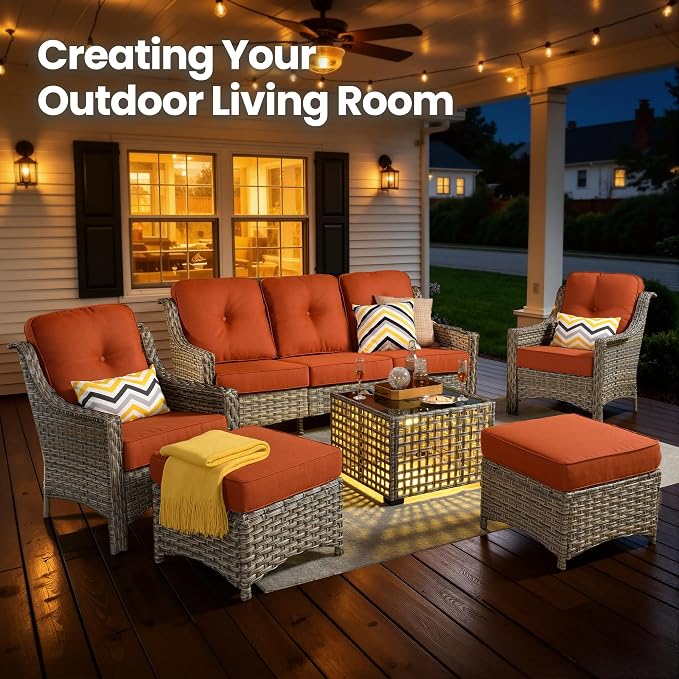 6 Piece Patio Furniture Set with Solar Lights Coffee Table, Outdoor Wicker High Back Sofa Chairs Ottomans with Cushions, All Weather Conversation Set for Backyard Porch Deck, Bold Orange