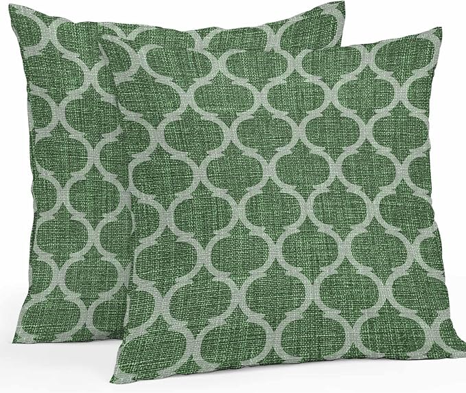 Dark Green Moroccan Outdoor Pillow Covers 18x18 Inch Throw Pillow Covers Set of 2 Waterproof Decorative Pillow Cases Middle Century Quatrefoil Plaid Art Cushion Covers for Patio Furniture Garden Couch