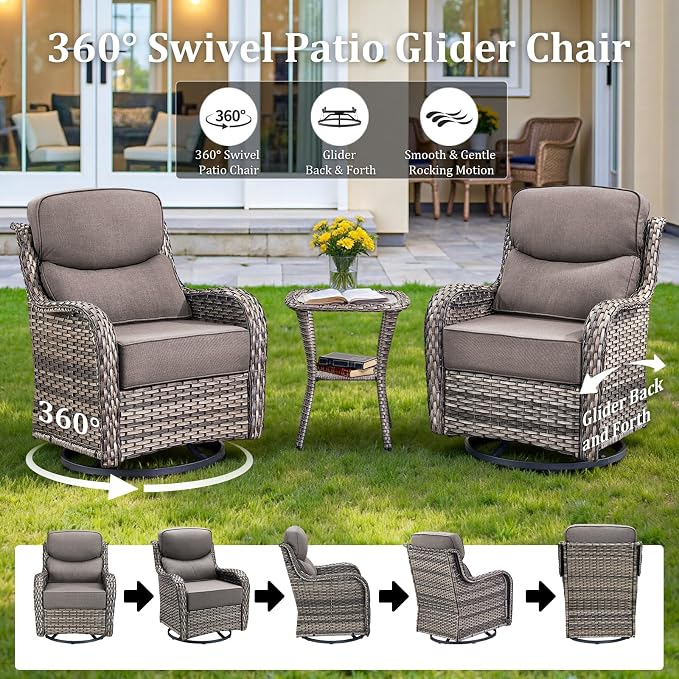 Luxury Patio Furniture Set with 6-inch Thick Cushion, High Back Outdoor Swivel Rocker Patio Chairs Set of 2, 2 PCS Wicker Conversation Set Gliders for Porch, Yard, Deck, Poolside, Grey