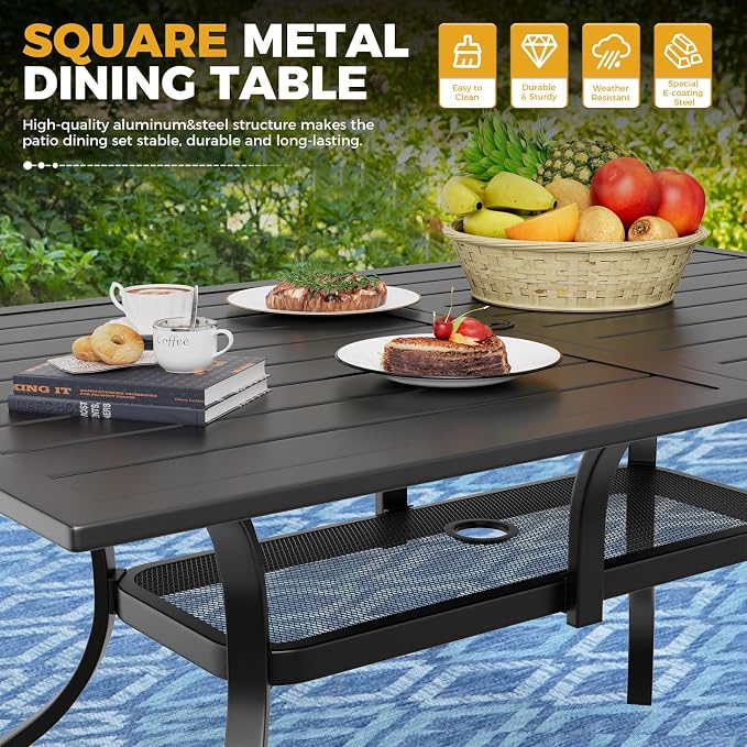 7-Piece Patio Dining Set with Umbrella,6 Person Outdoor Table and Chairs Set, 6 Metal Dining Chairs and Rectangular Outdoor Table with 1.57" Umbrella Hole,Grey