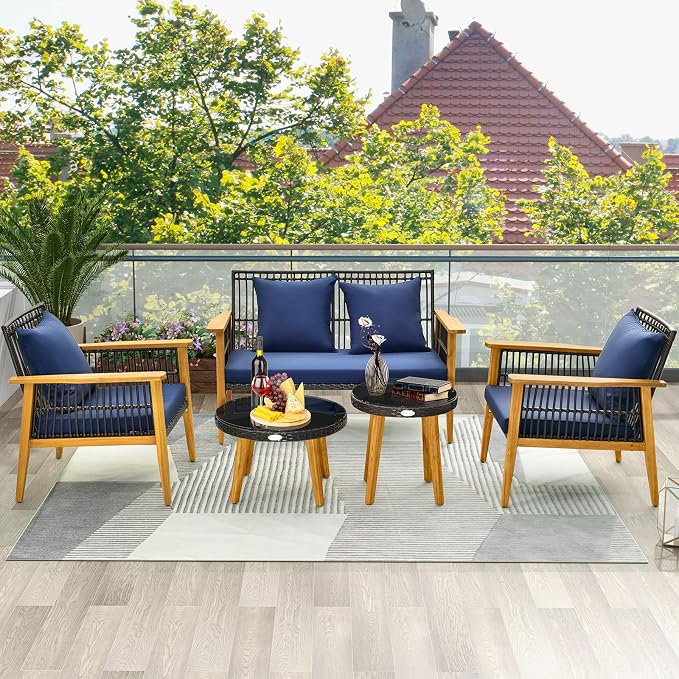 Tangkula 5 Piece Outdoor Conversation Set, Patiojoy Rattan Chair Set with 2 Coffee Tables, Stable Acacia Wood Frame, Cozy Seat & Back Cushions, Patio Wicker Furniture Set for Backyard, Poolside (Navy)