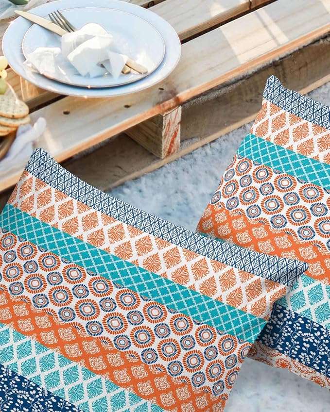 Outdoor Waterproof Pillow Covers Set of 2, Boho Geometric Floral Stripe Ethnic Turquoise Orange Blue Patio Throw Pillow Covers, Decorative Cushion Case for Couch Sofa Furniture Garden, 26x26 Inch