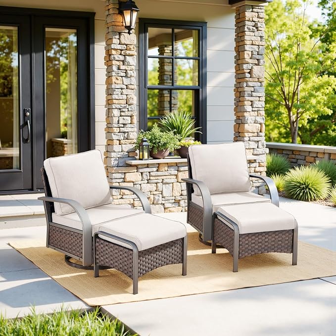 Belord 4 Pieces Patio Furniture Sets - Swivel Rocker Outdoor Chairs with Ottomans, All Weather Wicker Swivel Furniture Glider Seating Set for Porch Deck Sunroom Backyard